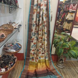 Zari Tussar Silk Saree with Kalamkari-Inspired Acid Hand Painting – Artistic Party Wear