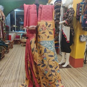 Floral Fusion Hand-Painted & Block Printed Bengal Tussar Silk Saree – Elegant Party Wear